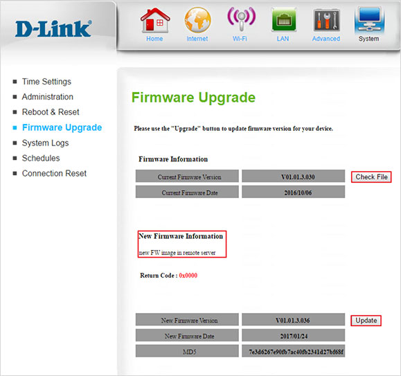 D-Link 4G LTE Router DWR-922 Firmware Upgrade Screen