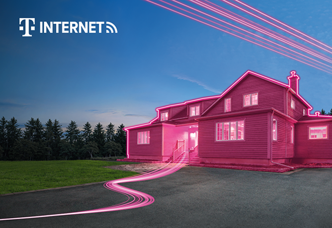 A house outlined in bright pink light with pink lines extending to and from it, symbolizing high-speed internet connectivity.
